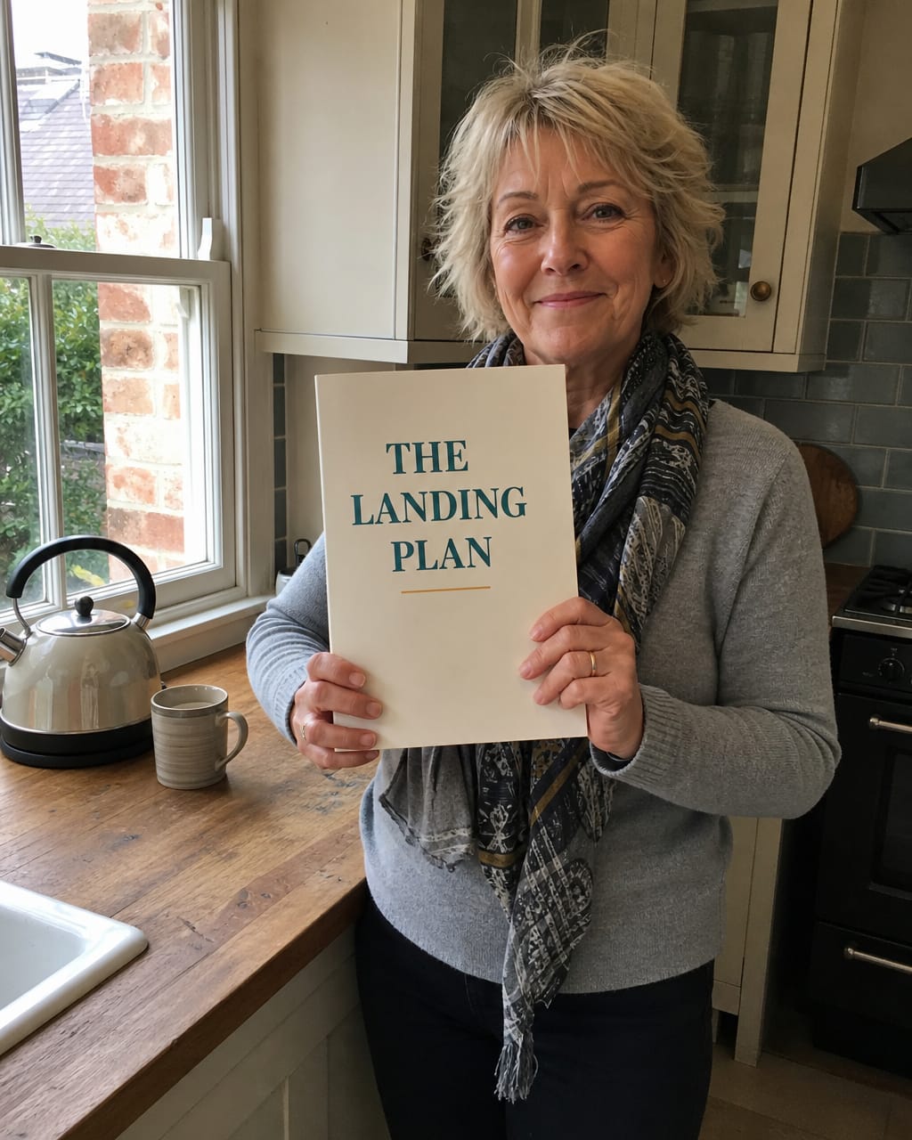 A woman in her sixties holding her printed Landing Plan at the kitchen table