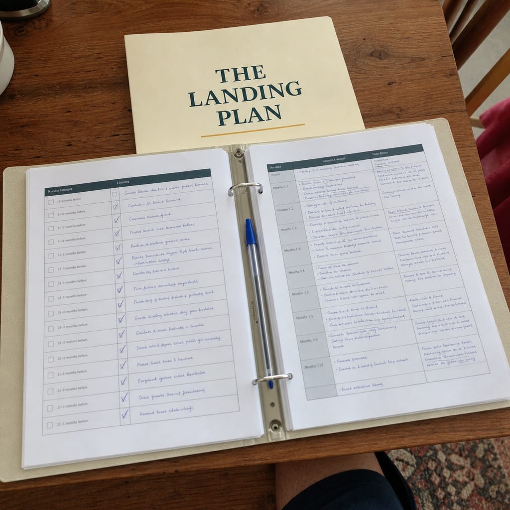 The Landing Plan open — a dated countdown checklist and a month-by-month timeline
