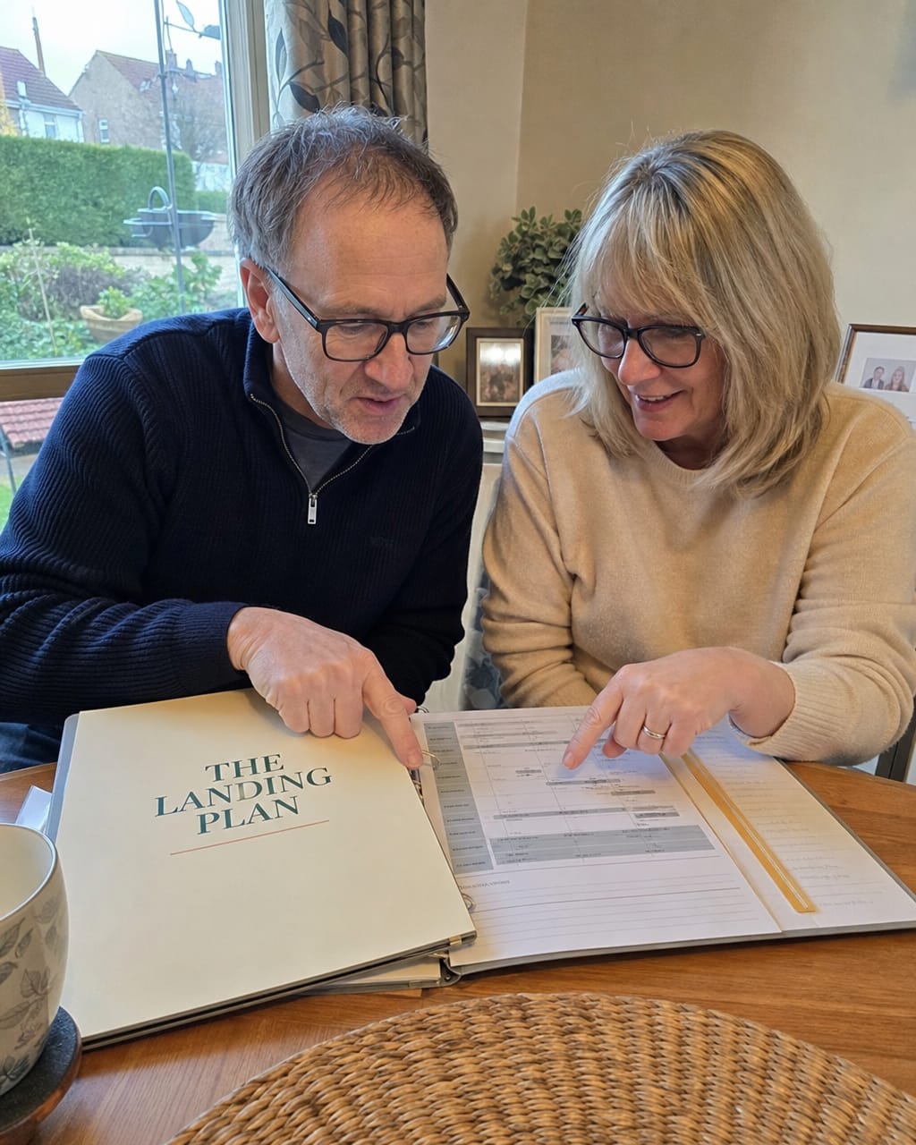 A couple in their late fifties going through the retirement plan together at the kitchen table