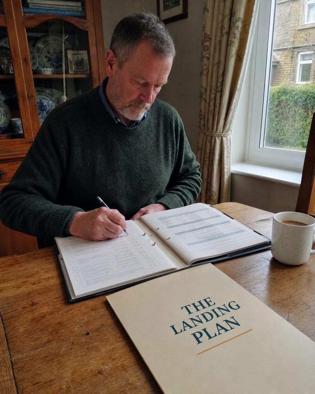 A man in his sixties working through his retirement paperwork at the dining table